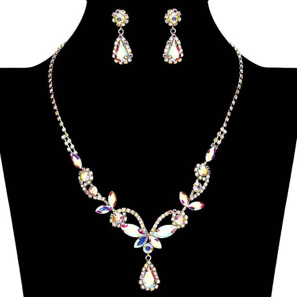 Diacly Floral Rhinestone Necklace Set Women OS Silver AB Bridal Prom Glam NEW - Picture 6 of 10